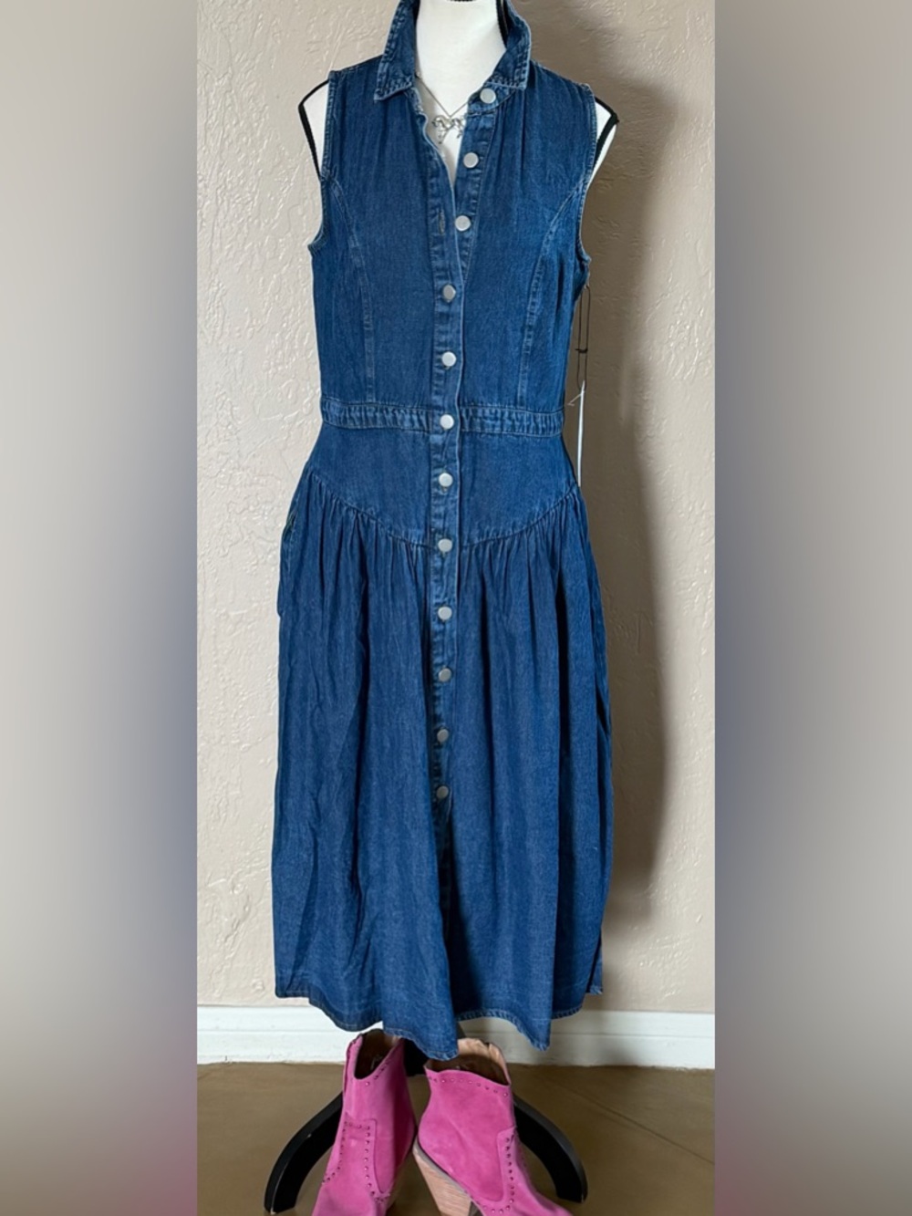 Western Denim Sleeveless Midi Dress